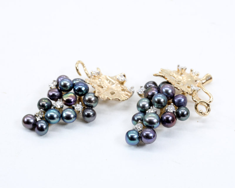 Black Pearl Grape Cluster Earrings with Freshwater Pearls and Diamonds