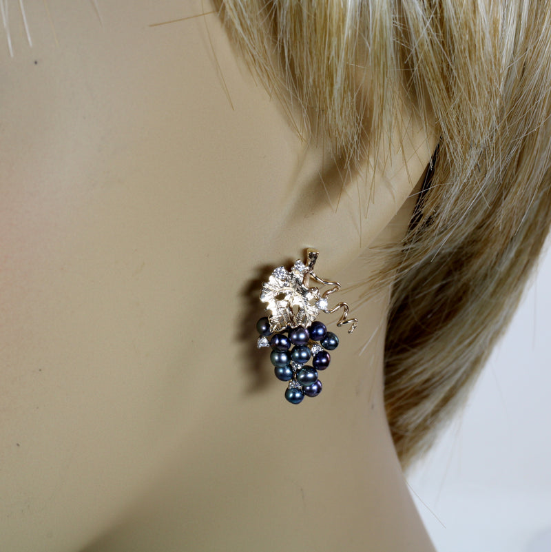 Black Pearl Grape Cluster Earrings with Freshwater Pearls and Diamonds