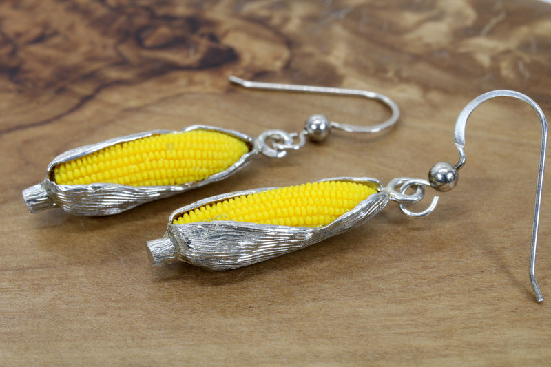 Large 925 Sterling Silver Corn Dangle Earrings with Yellow Cobs
