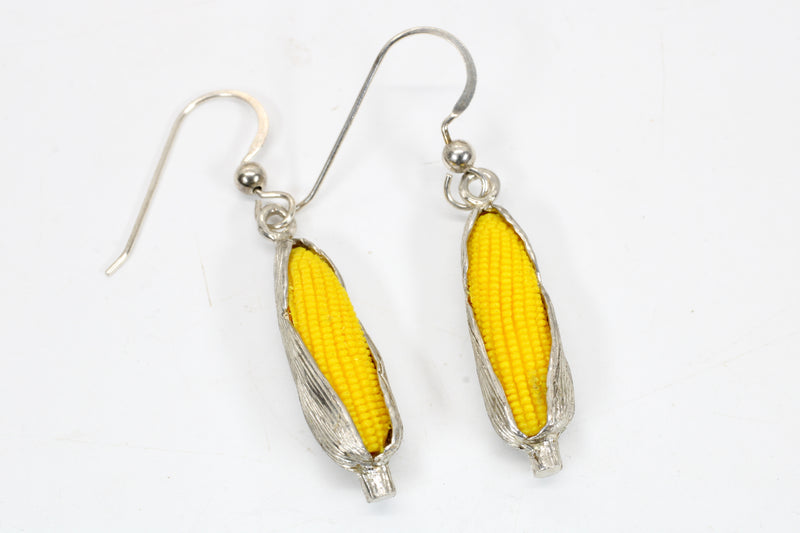 Large 925 Sterling Silver Corn Dangle Earrings with Yellow Cobs