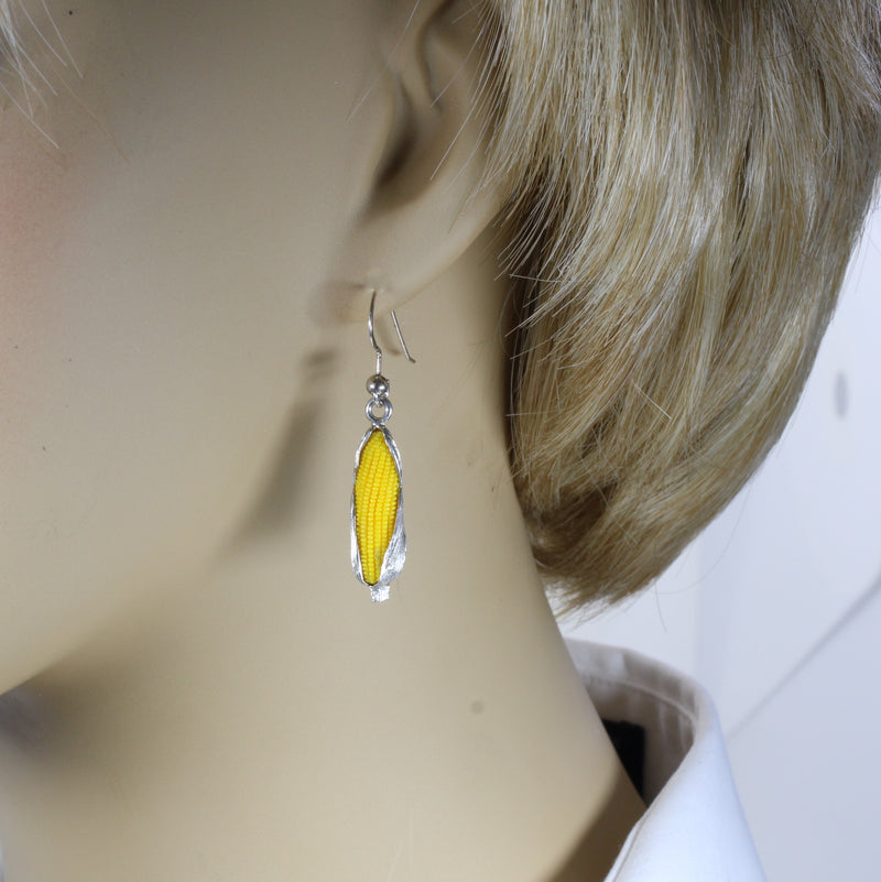 Large 925 Sterling Silver Corn Dangle Earrings with Yellow Cobs