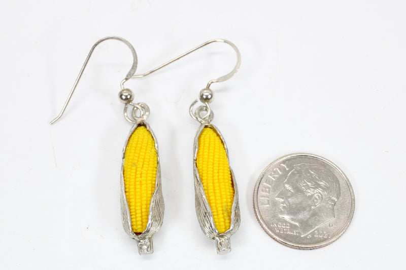 Large 925 Sterling Silver Corn Dangle Earrings with Yellow Cobs
