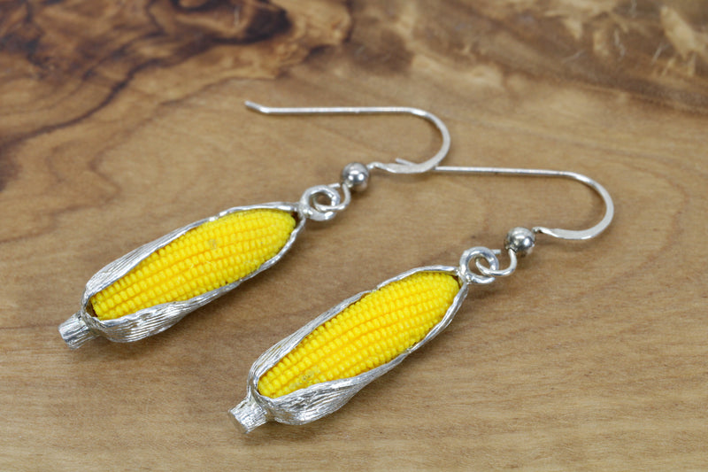 Large 925 Sterling Silver Corn Dangle Earrings with Yellow Cobs