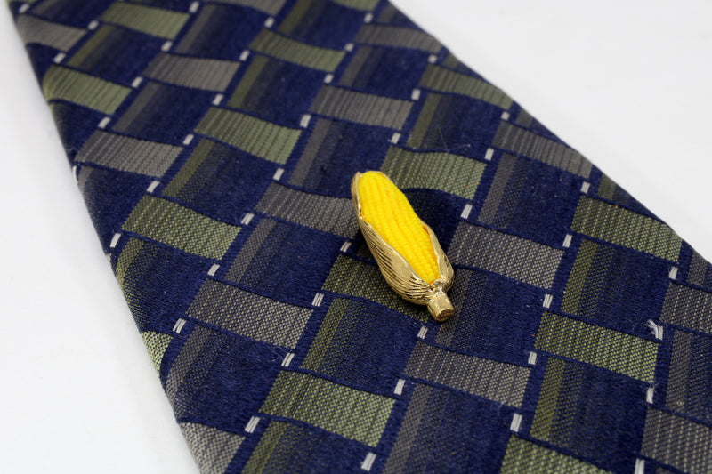 Large Gold Corn Tie Tack with 14kt Gold Vermeil Ear of Corn and Yellow Cob