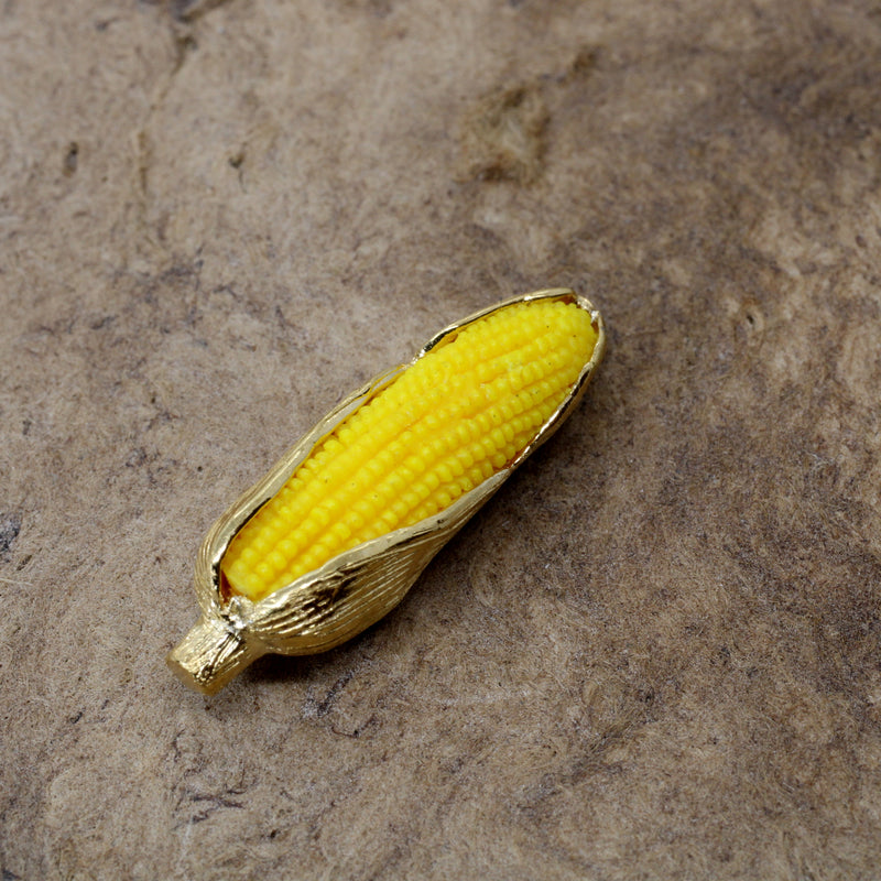 Large Gold Corn Tie Tack with 14kt Gold Vermeil Ear of Corn and Yellow Cob