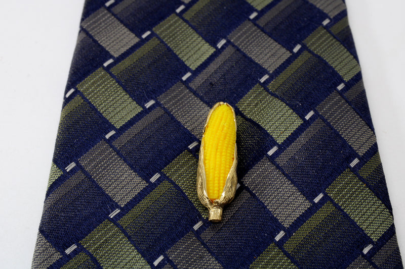 Large Gold Corn Tie Tack with 14kt Gold Vermeil Ear of Corn and Yellow Cob
