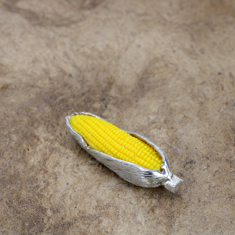Silver Corn Tie Tack/Lapel Pin with Yellow Corn Cob for Him