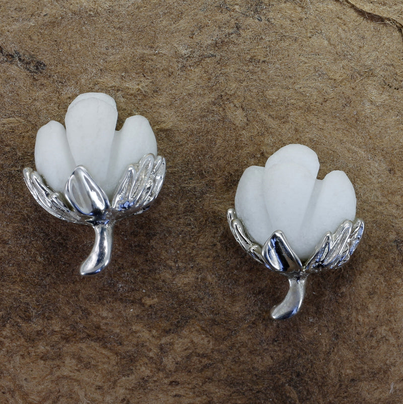 Matching Set of Cotton Boll Necklace And Stud Earrings in 14kt White Gold