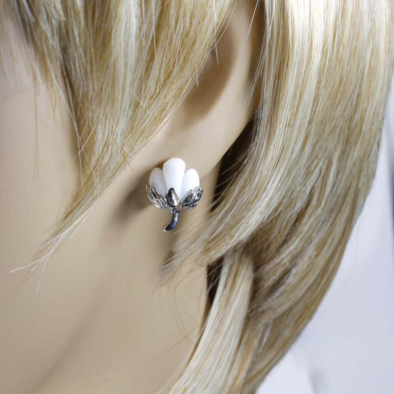 Matching Set of Cotton Boll Necklace And Stud Earrings in 14kt White Gold