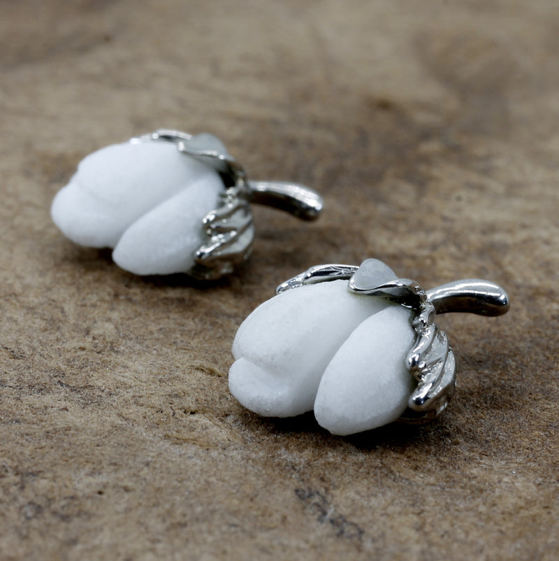 Matching Set of Cotton Boll Necklace And Stud Earrings in 14kt White Gold