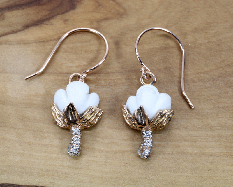 Rose Gold Cotton Boll Earrings with White Stones and Diamond Stems