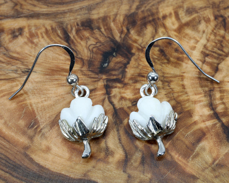 Cotton Boll Dangle Earrings in 14kt White Gold with Hand Carved Cotton Boll Stone