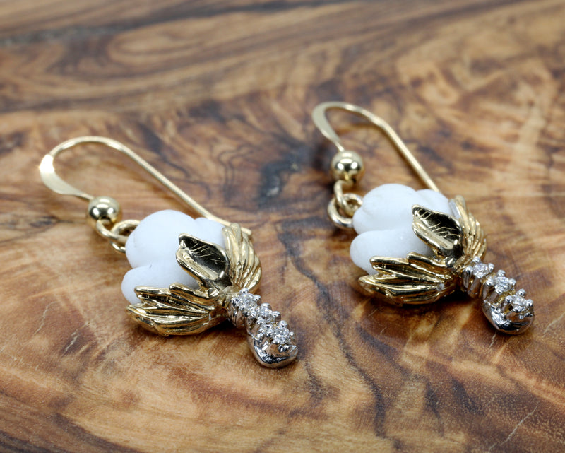 Gold Cotton Boll Earrings with White Stones and Diamond Stems C165