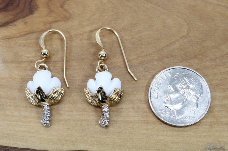 Gold Cotton Boll Earrings with White Stones and Diamond Stems C165