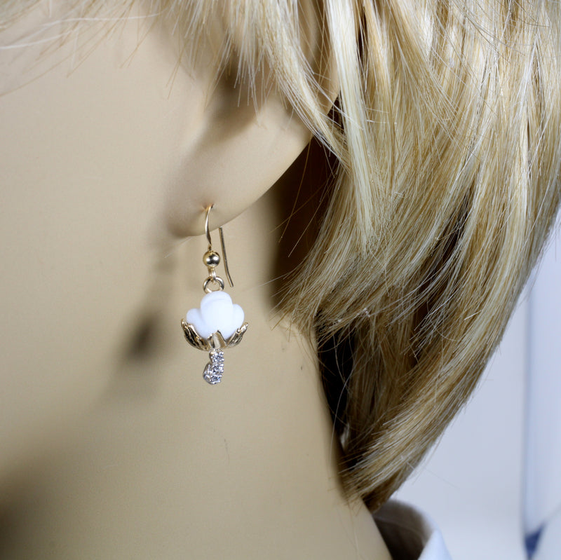 Gold Cotton Boll Earrings with White Stones and Diamond Stems C165