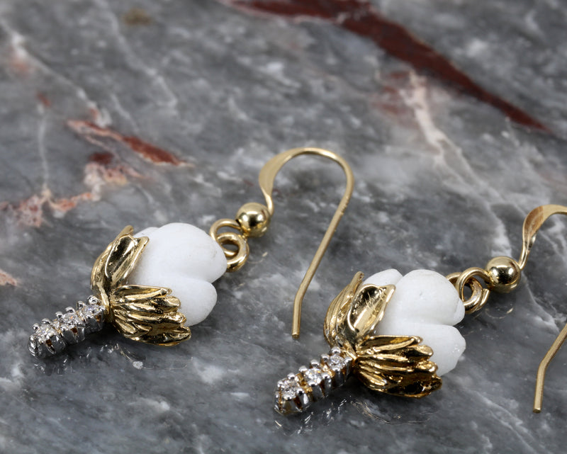 Gold Cotton Boll Earrings with White Stones and Diamond Stems C165