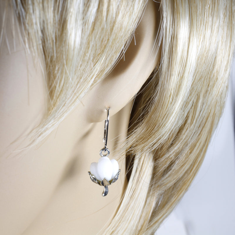 Matching Set of Cotton Boll Necklace And Dangle Earrings in 14kt White Gold