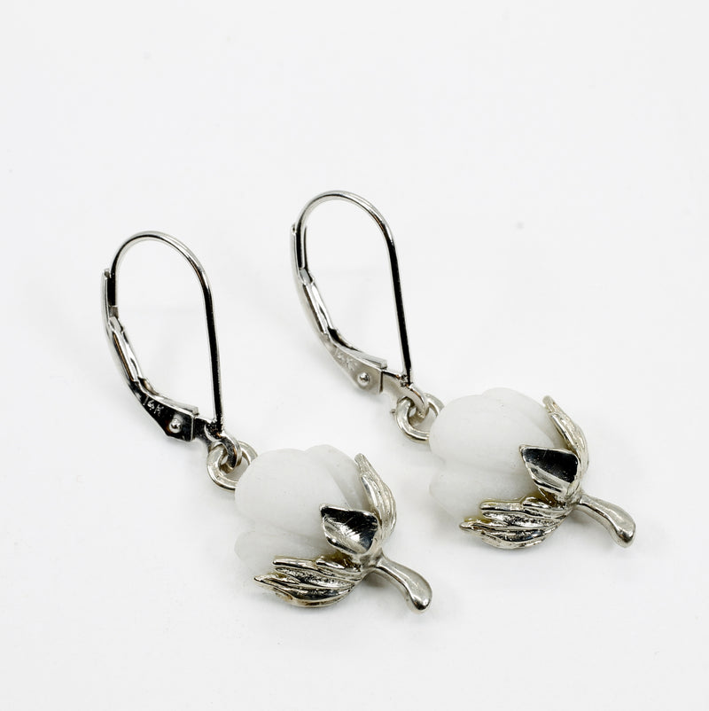 Matching Set of Cotton Boll Necklace And Dangle Earrings in 14kt White Gold