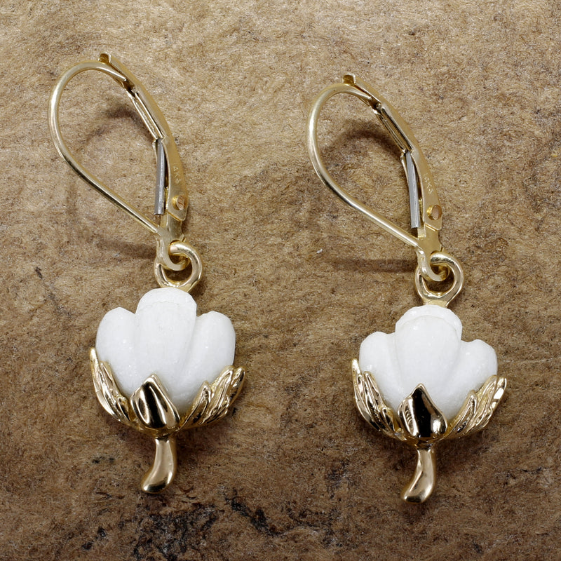 Matching Set of Cotton Boll Necklace And Dangle Earrings in 14kt Yellow Gold