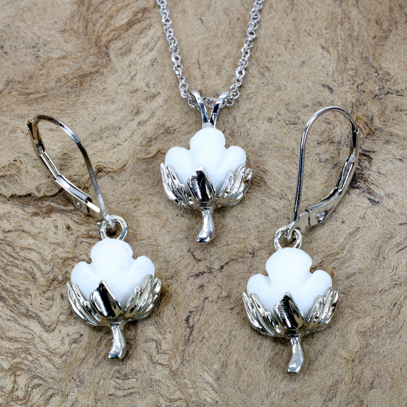 Matching Set of Cotton Boll Necklace And Dangle Earrings in 14kt White Gold