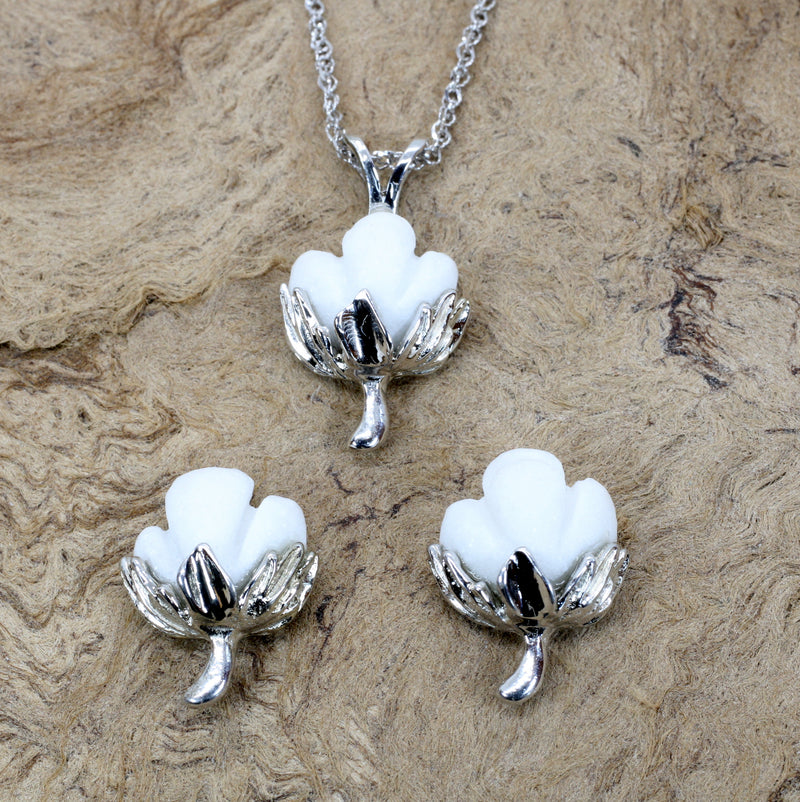 Matching Set of Cotton Boll Necklace And Stud Earrings in 14kt White Gold