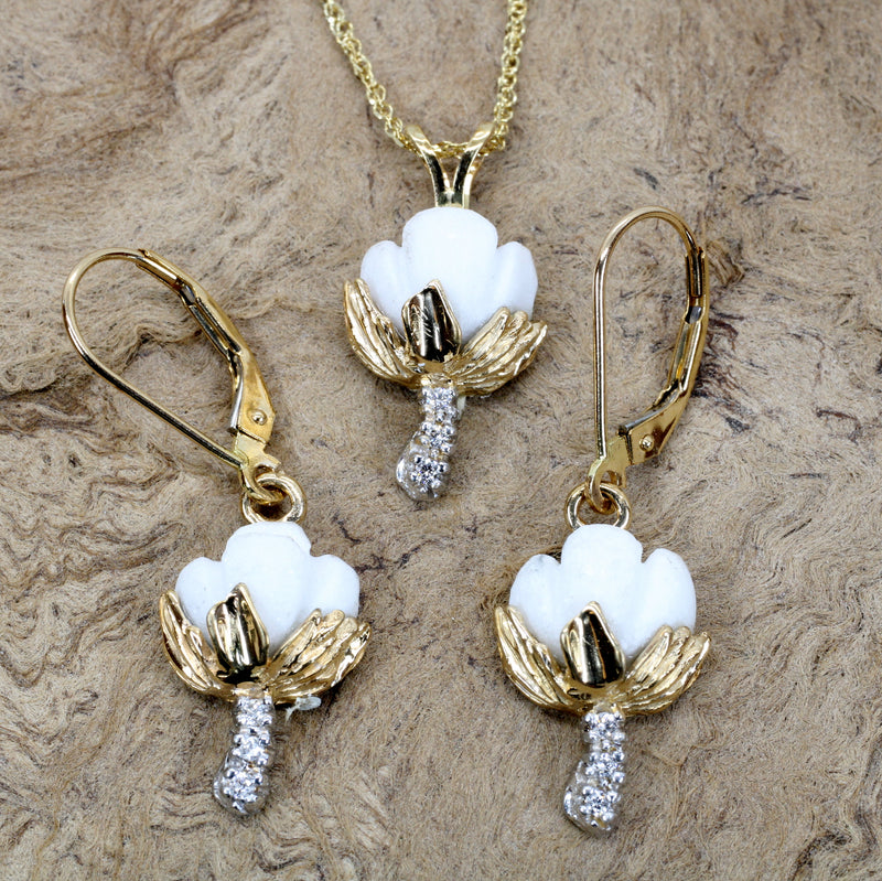 Cotton Boll Necklace And Dangle Earrings with Diamonds in Yellow Gold