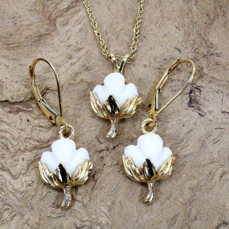 Matching Set of Cotton Boll Necklace And Dangle Earrings in 14kt Yellow Gold