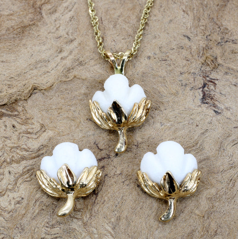 Matching Set of Cotton Boll Necklace And Stud Earrings in Yellow Gold