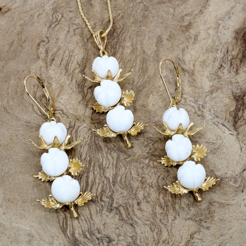 Matching Set of Three Boll Cotton Dangle Earrings and Necklace