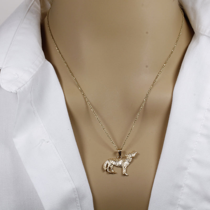 Gold Coyote Necklace with solid 14kt gold 2D Howling Coyote