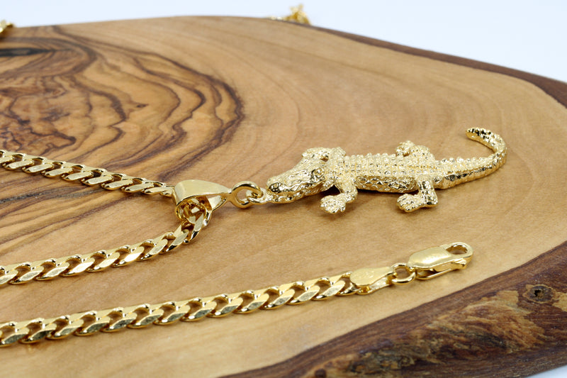 Extra Large Size 14kt Gold Vermeil Alligator Necklace on Cuban or Rope Chain