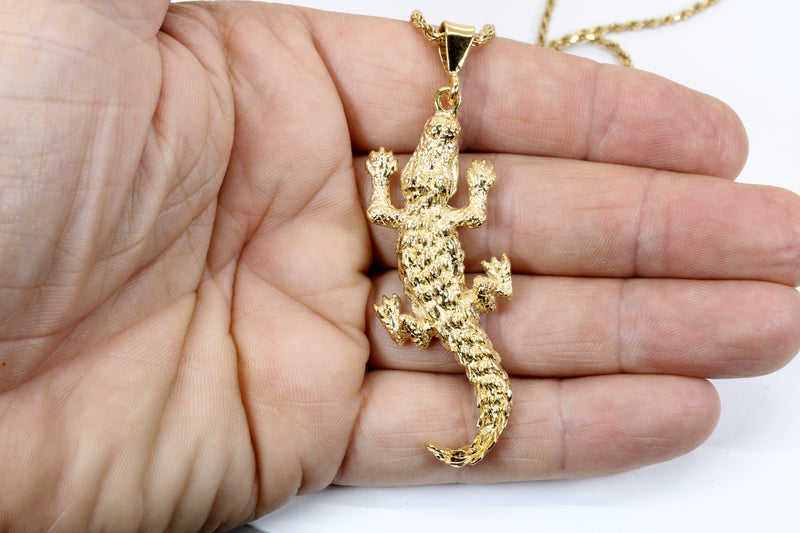 Giant Size 14kt Gold Vermeil Alligator Necklace on Cuban or Rope Chain