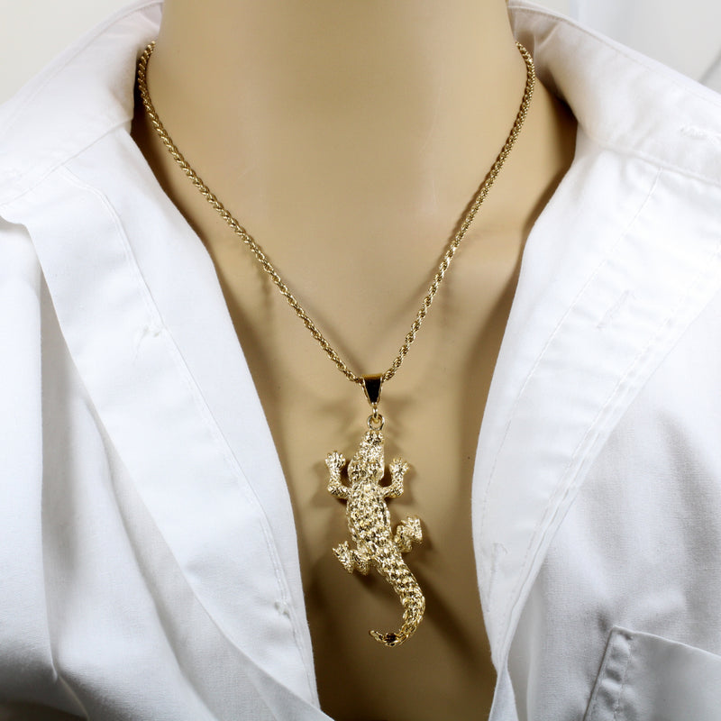 Giant Size 14kt Gold Vermeil Alligator Necklace on Cuban or Rope Chain