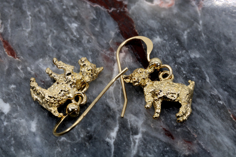 Gold Baby Goat Dangle Earrings with a 3-D Solid 14kt Gold Playful Goats