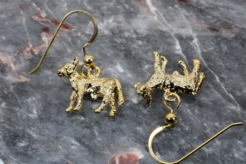 Gold Calf Earrings with Solid 14kt Gold Calves dangling on French wire