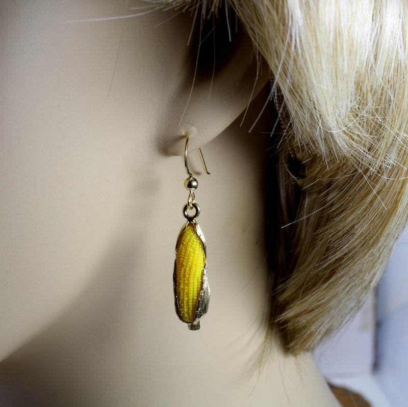 Large 14kt Gold Vermeil Corn Dangle Earrings with Yellow Cob