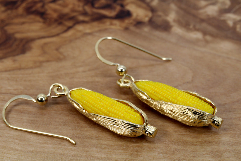 Large 14kt Gold Vermeil Corn Dangle Earrings with Yellow Cob