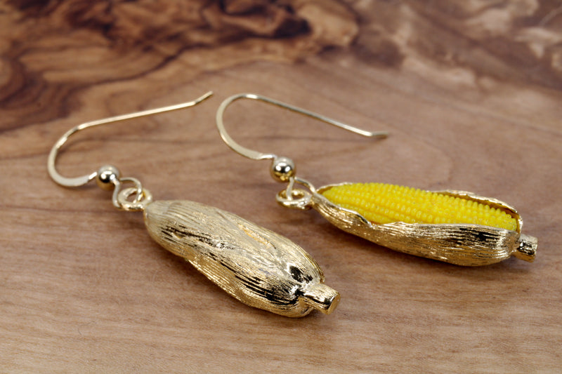 Large 14kt Gold Vermeil Corn Dangle Earrings with Yellow Cob