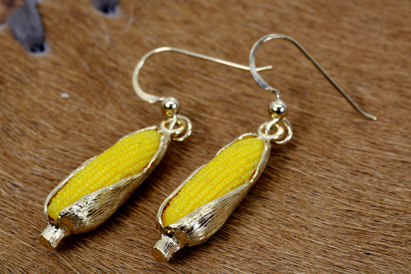 Large 14kt Gold Vermeil Corn Dangle Earrings with Yellow Cob