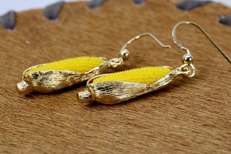 Large 14kt Gold Vermeil Corn Dangle Earrings with Yellow Cob