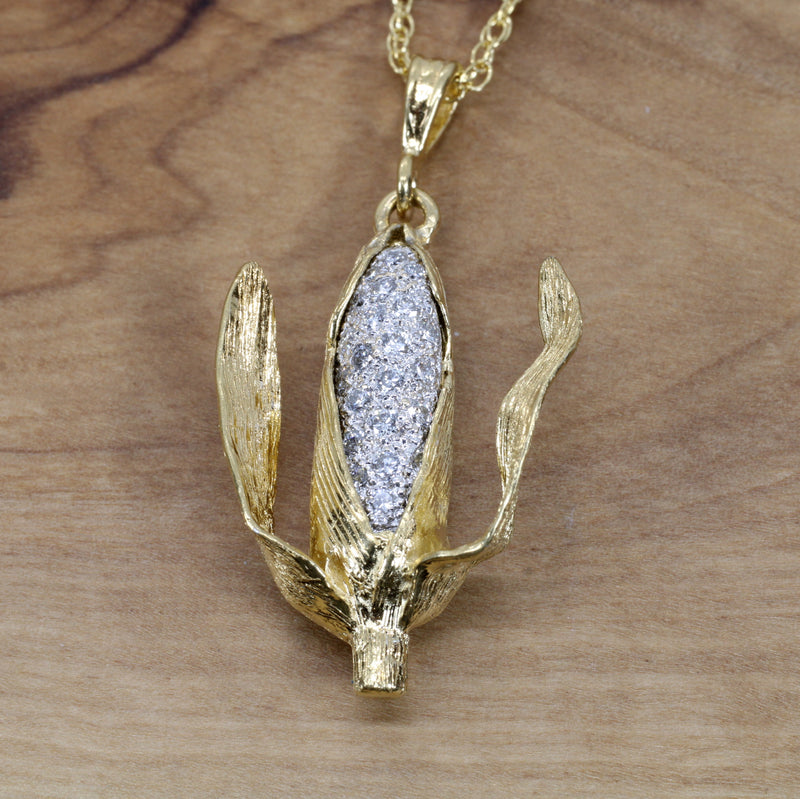 Diamond Filled Gold Corn Cob Necklace in 14kt gold