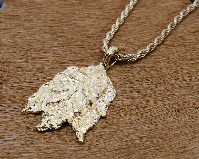 Gold Flue Tobacco Leaf Necklace with 14kt gold Vermeil Three Leaf Charm