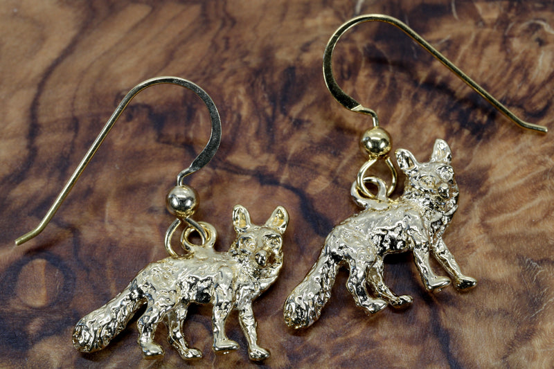 Gold Fox Dangle Earrings for her with 14kt Gold Vermeil Foxes