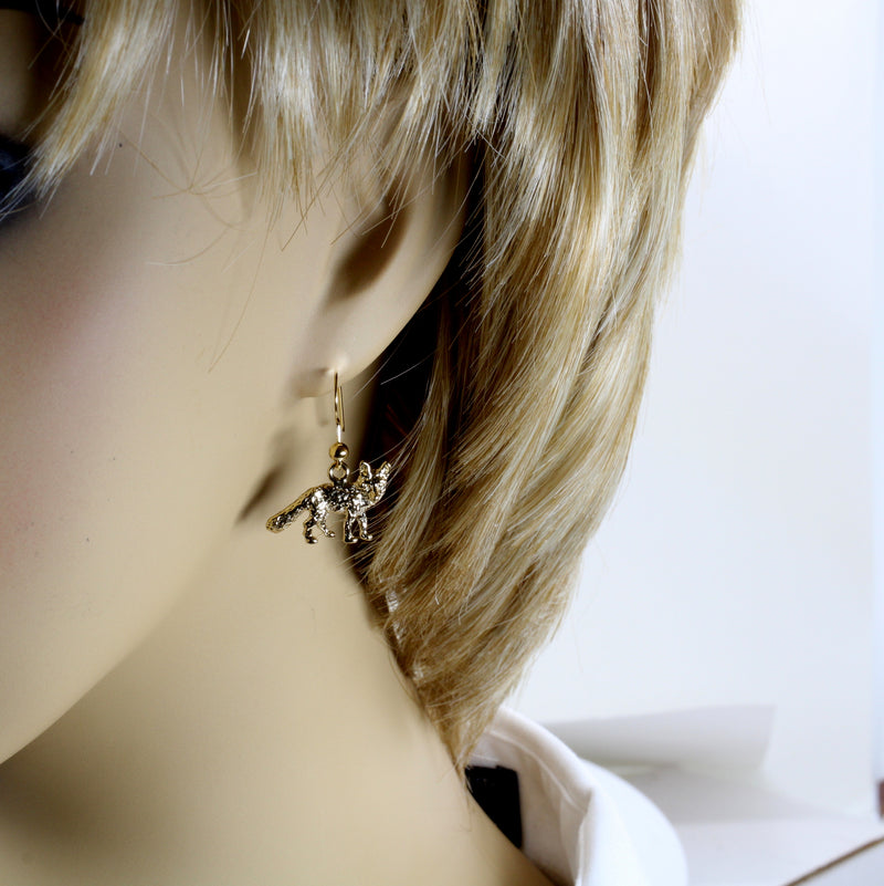 Gold Fox Dangle Earrings for her with 14kt Gold Vermeil Foxes