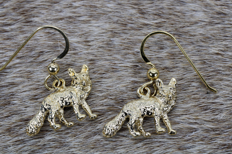 Gold Fox Dangle Earrings for her with 14kt Gold Vermeil Foxes