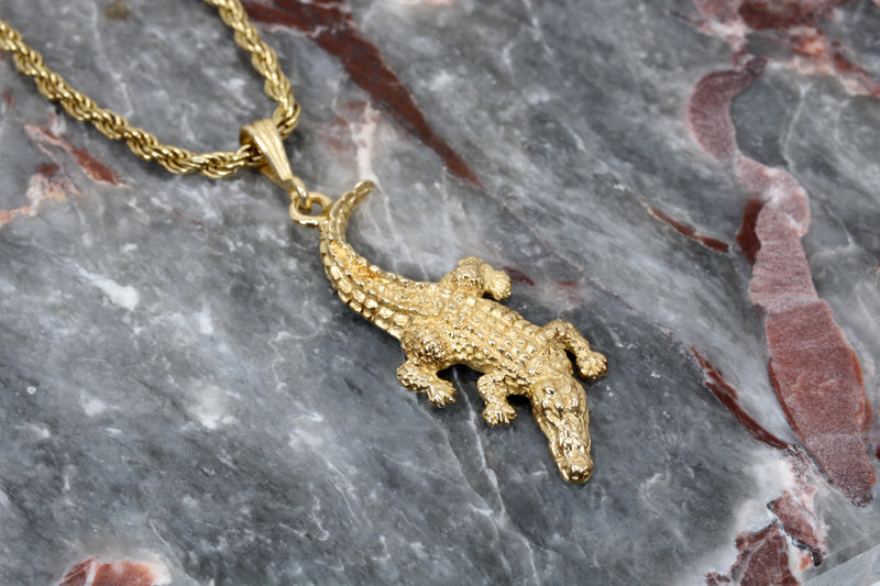 Mans Large Alligator Necklace in 14kt Gold Vermeil on Heavy Rope Chain