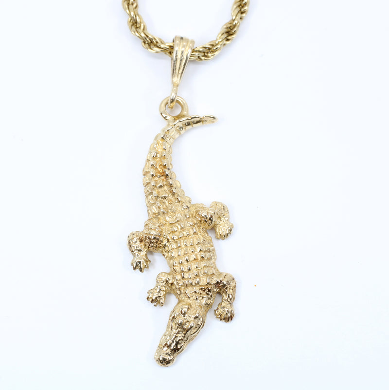 Mans Large Alligator Necklace in Solid 14kt Yellow Gold on Heavy Rope Chain