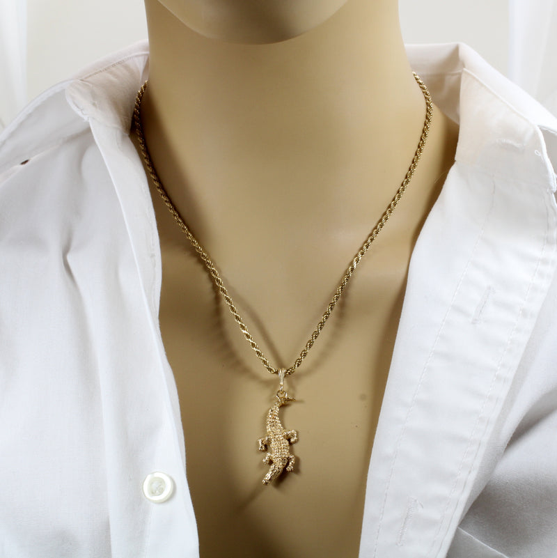 Mans Large Alligator Necklace in Solid 14kt Yellow Gold on Heavy Rope Chain