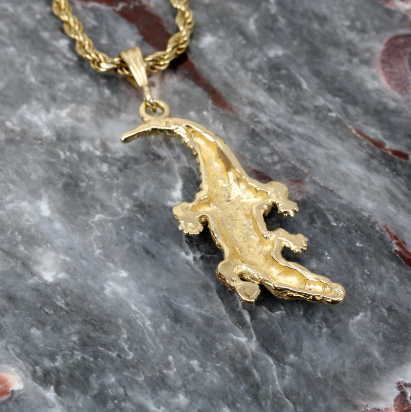 Mans Large Alligator Necklace in Solid 14kt Yellow Gold on Heavy Rope Chain