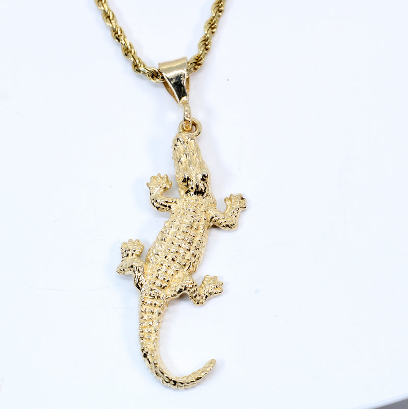 Extra Large Gold Alligator Necklace in 14kt Gold with Rope Chain